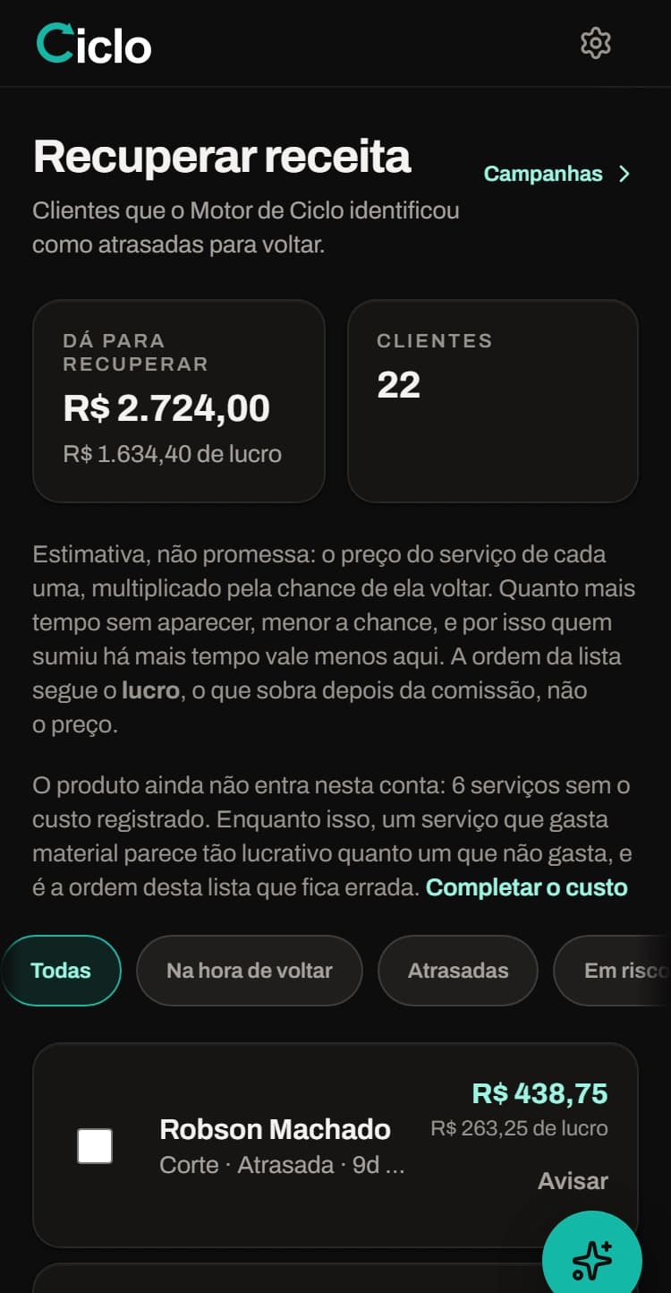 Tela "Recuperar" do painel do CICLO, aberta numa conta de demonstração